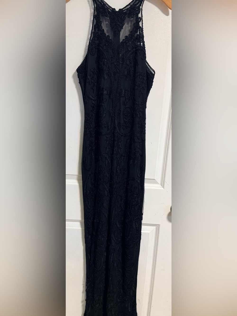 Windsor Black Beaded Lace Halter Evening Gown